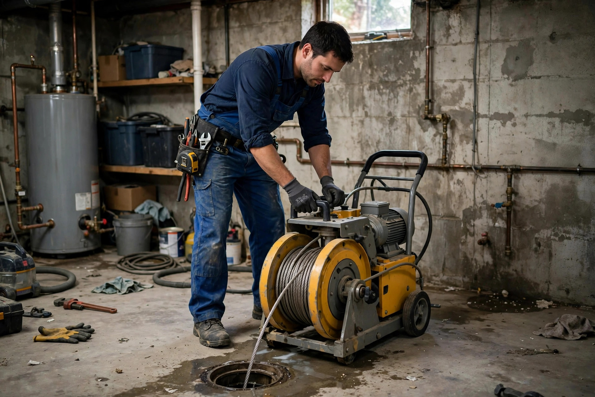 Drain cleaning machine at work