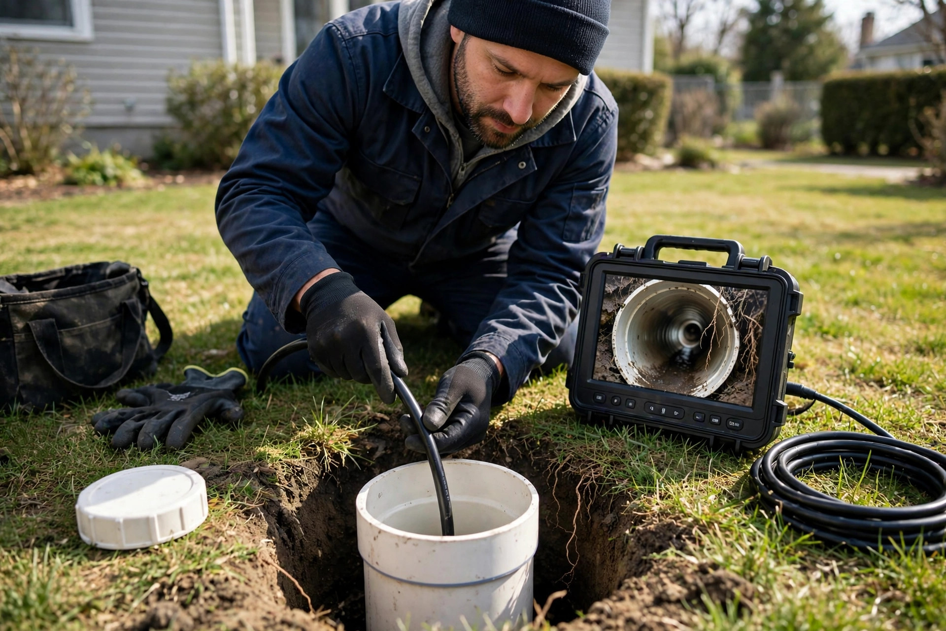 Technician running a sewer camera