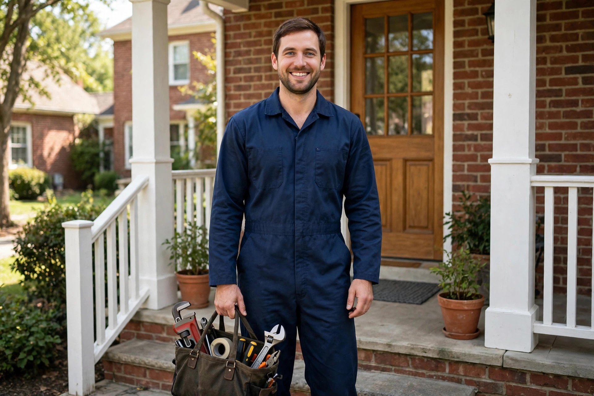 Technician with a tool bag on a front porch