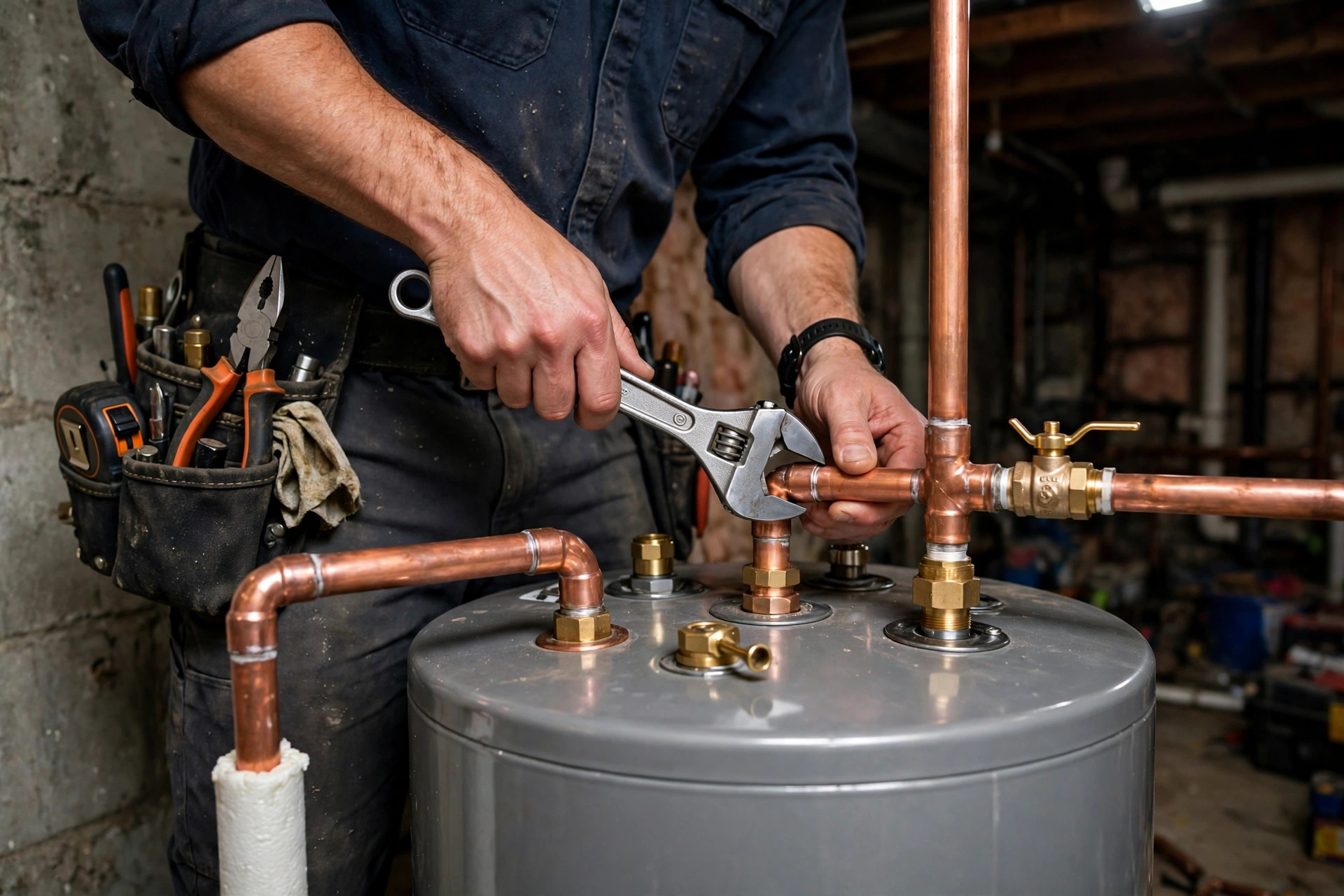 Technician connecting a replacement water heater